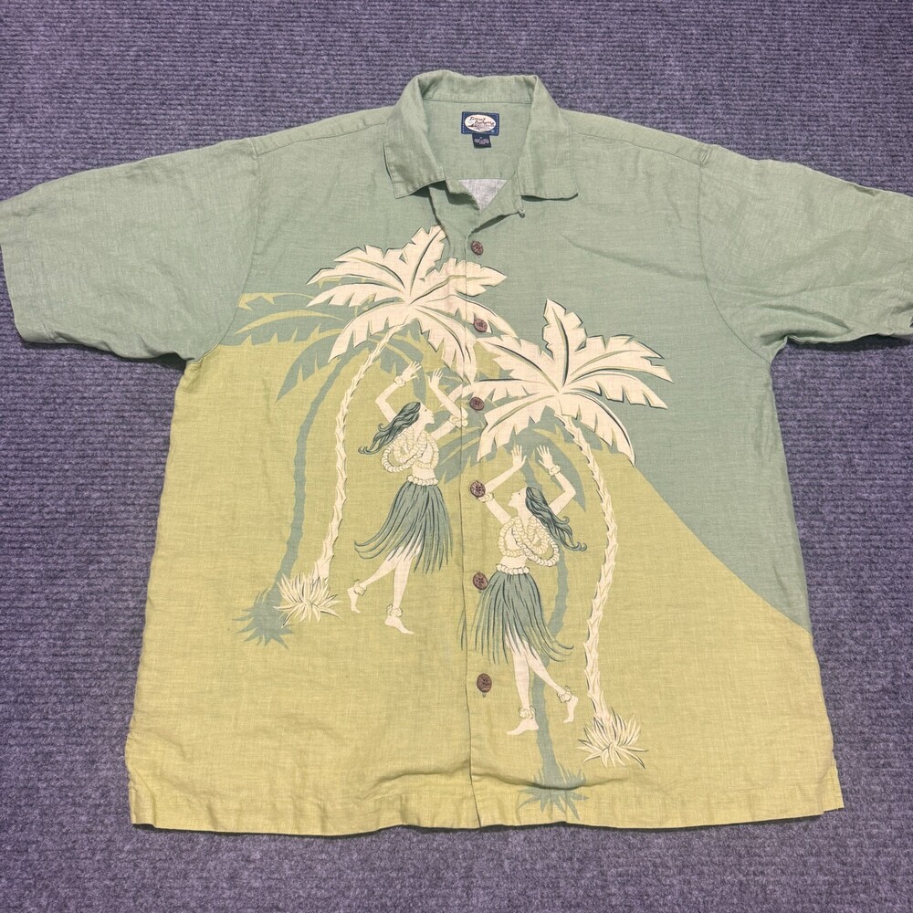 Tommy Bahama Shirt Mens Medium Green Linen Hula Girl Hawaiian Short Sleeve Aloha